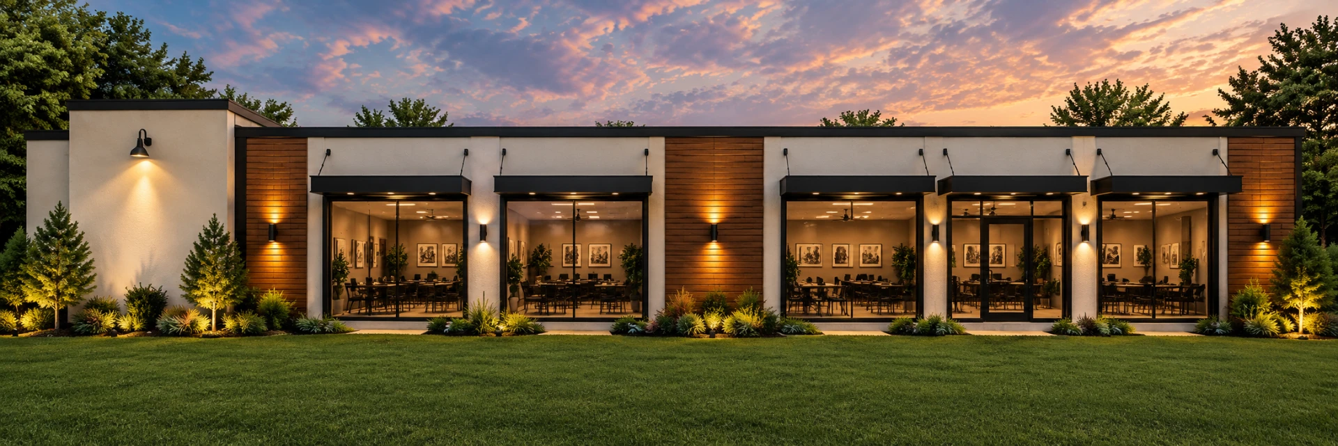 Proposed landscaped community wing at sunset