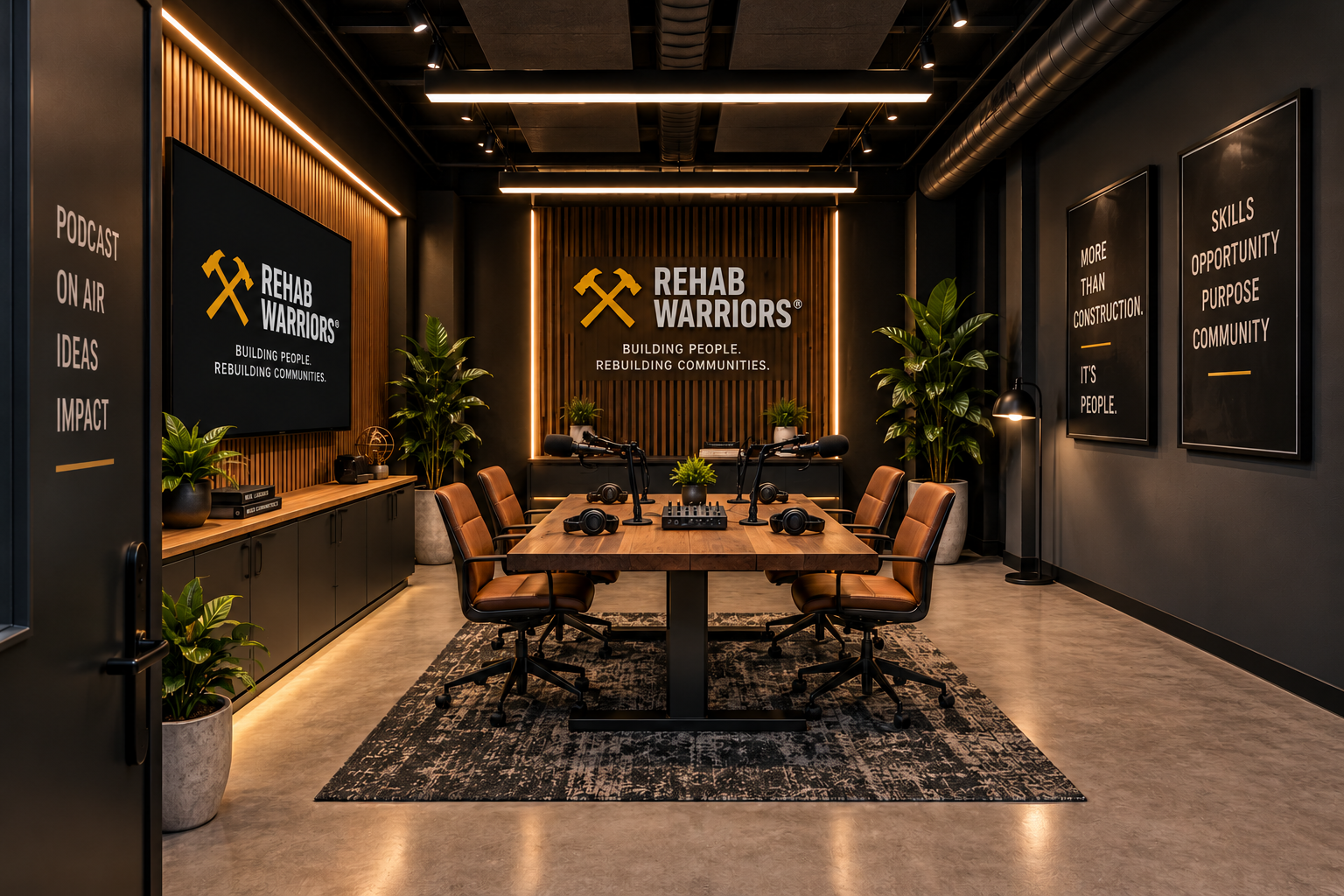 Proposed podcast studio with microphones around a recording table