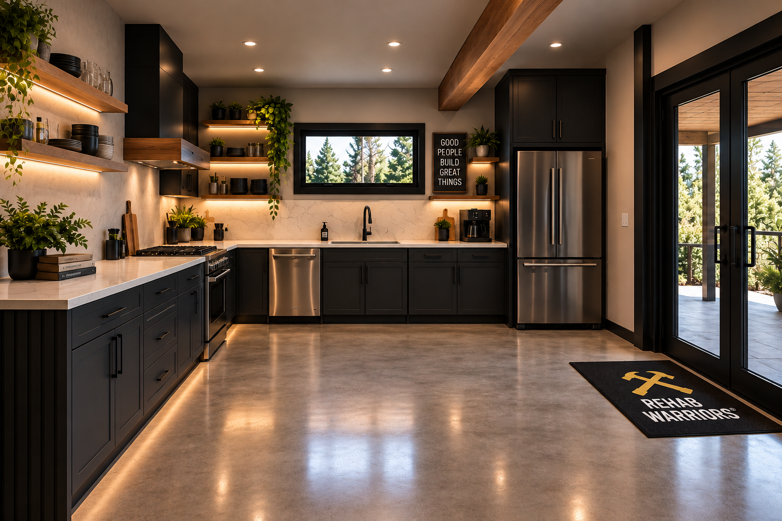 Proposed kitchen with charcoal cabinets and open wood shelving