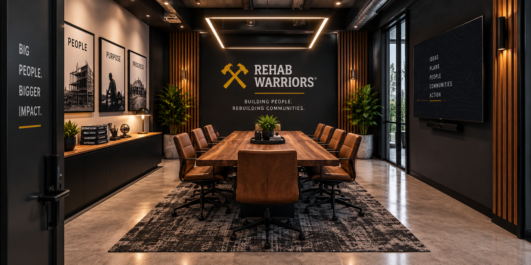 Proposed conference room with a long wood table and leather chairs